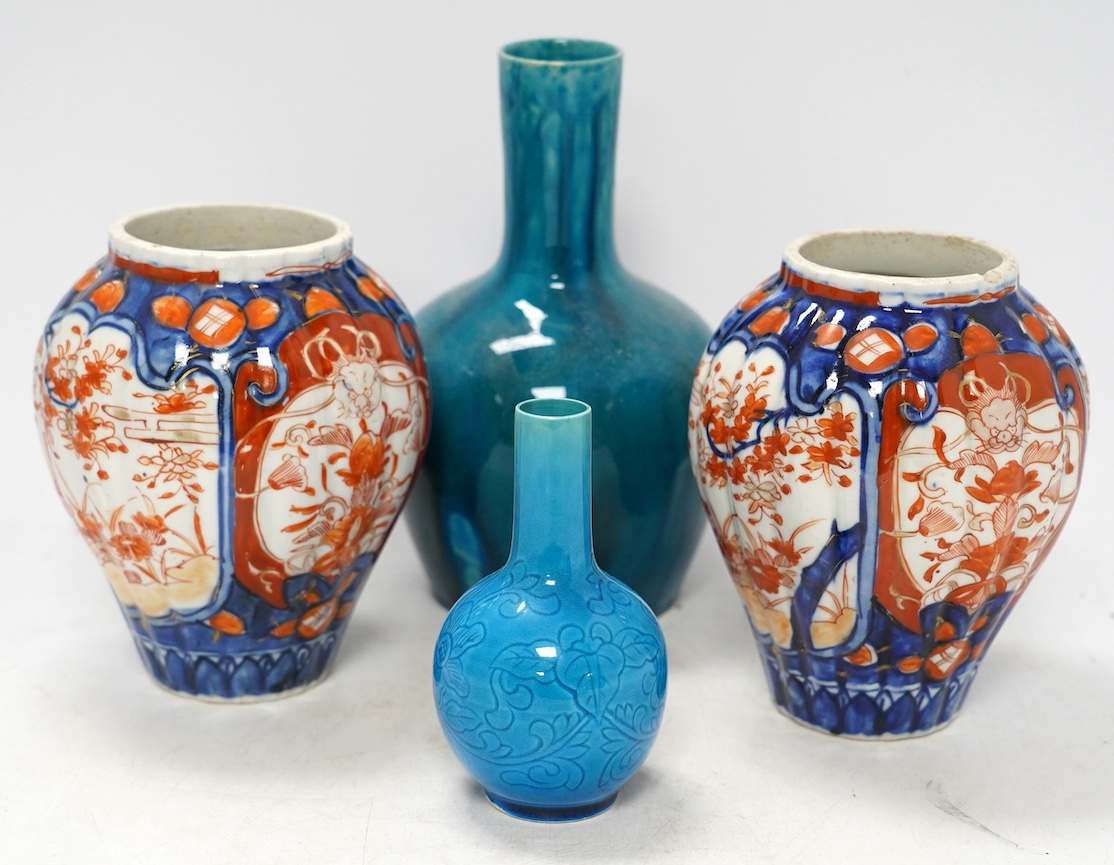 Two Japanese turquoise glazed vases and two Imari vases, tallest 21cm high (4). Condition - turquoise vases good, a chip to top edge of one Imari vase